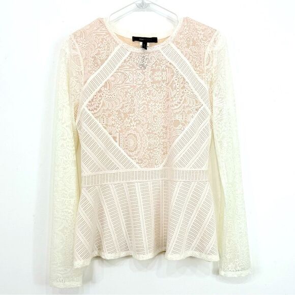 BCBGMaxazria Ivory Lace Long Sleeve Peplum Pullover Shirt - Picture 4 of 16
